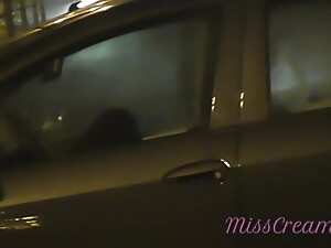 Sharing my slut wife with a stranger in car in front of voyeurs in a public parking lot - MissCreamy